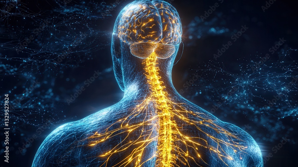 Poster a stunning and futuristic depicting the intricate and interconnected structure of the human nervous 