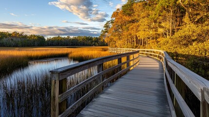 Obraz premium A boardwalk gently curving through a golden-hued marsh, illuminated by the last rays of sunlight, creating a peaceful escape.