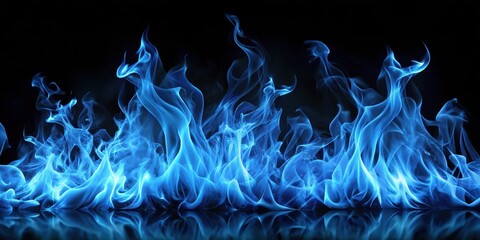 A stunning image of blue flames dancing on a dark black background, with subtle crackling sounds and flickering light, creating an enchanting atmosphere, fire on black background, mystical scene