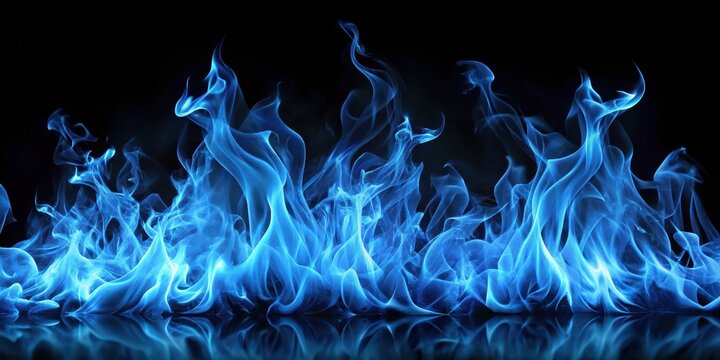 A stunning image of blue flames dancing on a dark black background, with subtle crackling sounds and flickering light, creating an enchanting atmosphere, fire on black background, mystical scene