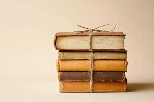 Rustic stack of vintage books tied with twine against a neutral background - Powered by Adobe