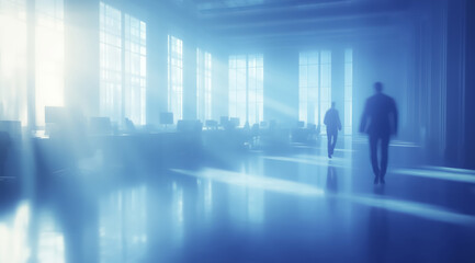 sunlit office space with blurred silhouettes of people walking, creating serene atmosphere. room is filled with natural light streaming through large windows, casting soft shadows on floor