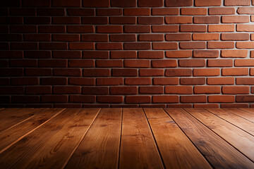 Fototapeta premium red brick wall with wooden floor creates warm, vintage atmosphere, perfect for interior design or photography. textures and colors evoke sense of rustic charm