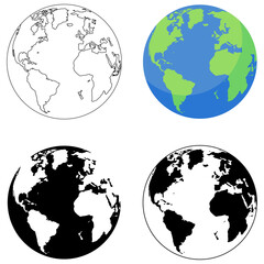 Earth Globe illustration design element in colour and black and white versions, World concept