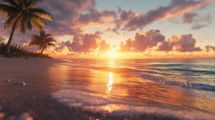 Tropical Paradise at Sunset: Palm Trees, Beach, and Golden Light Reflections