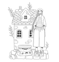 Minimalist flat-style illustration of a young woman standing in front of a cozy house with suitcases. Warm earthy color palette, travel and adventure theme