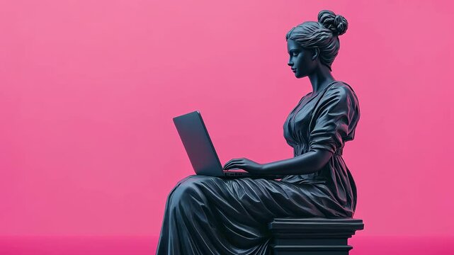 Statuesque female woman typing on laptop against pink background, copy spase, blank, empty