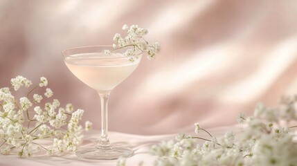 An elegant glass with a refreshing cocktail, adorned with a sprig of gypsophila flowers, set against a soft, light background