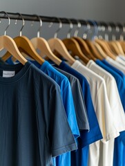 Obraz premium casual t shirts in various shades of blue and neutral tones, neatly hanging on wooden hangers. This organized display highlights simplicity and a relaxed, stylish wardrobe.
