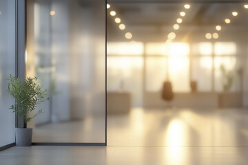 Fototapeta premium modern office interior with blurred background and potted plant in foreground, illuminated by warm lighting. space features glass walls and minimalist design
