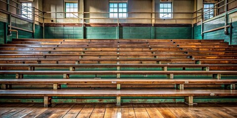 A weathered wooden bleacher in a dimly lit, deserted school gymnasium with worn-out seats and faded colors, rusty, nostalgic,  rusty