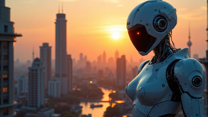Futuristic Robot Against City Skyline at Sunset
