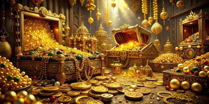 Opulent chamber filled with glittering gold treasures and an array of precious jewels in various shapes, sizes, and colors , gold treasure room, glittering riches