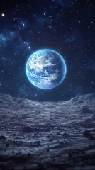 A vibrant blue Earth suspended against a starry dark background