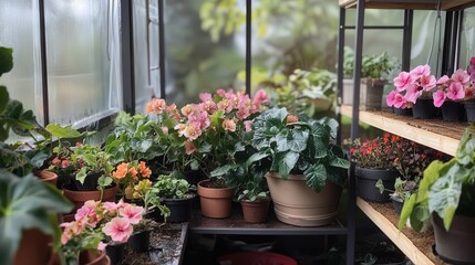 An indoor greenhouse filled with flower pots, each containing a blooming evergreen begonia, showcasing the beauty