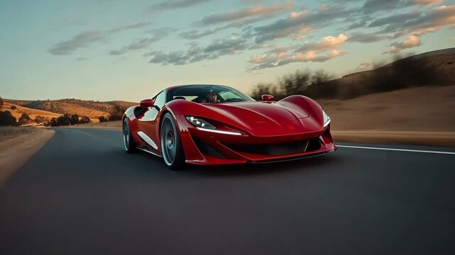 Red Supercar Speeding on Scenic Road at Sunset