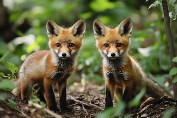 Naklejka premium A photo of curious foxes exploring dense undergrowth