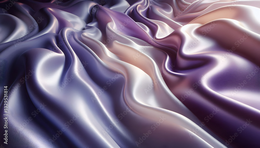 Poster an elegant close-up of silky fabric with smooth, flowing waves in soft shades of purple and cream, i