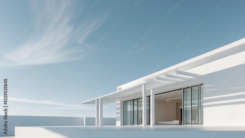 Poster modern white architectural design with large windows and open space in bright daylight setting
