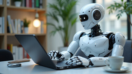 Innovative Robot Working on Laptop