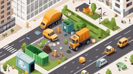 An isometric vector illustration of a zero waste environment, featuring eco-friendly practices like composting, recycling bins