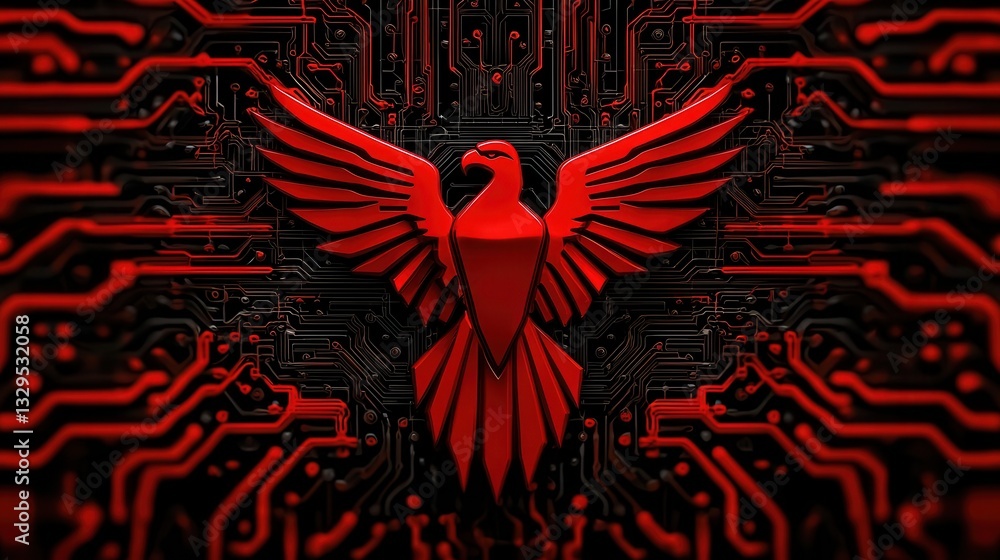 Poster a visually striking and powerful digital depicting a fiery cyberpunk inspired phoenix bird with its 