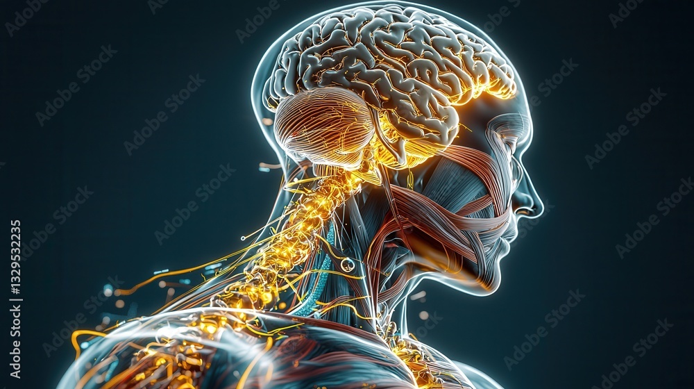 Poster a visually striking and futuristic digital anatomic representation showcasing the intricate neural s