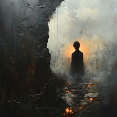 Obraz premium a solitary silhouette of a person, enveloped in mist and standing before an atmospheric portal of light