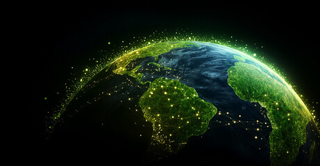 Obraz premium glowing green Earth hologram with bright connections, showcasing continents and oceans, symbolizes global connectivity and technology
