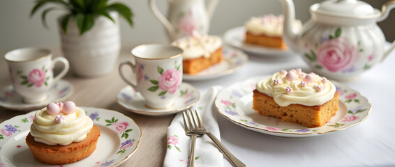 Graceful Spring Tea Party with Delicate Floral China, Festive Iced Easter Cakes, and Fresh Blooms for a Charming Seasonal Gathering