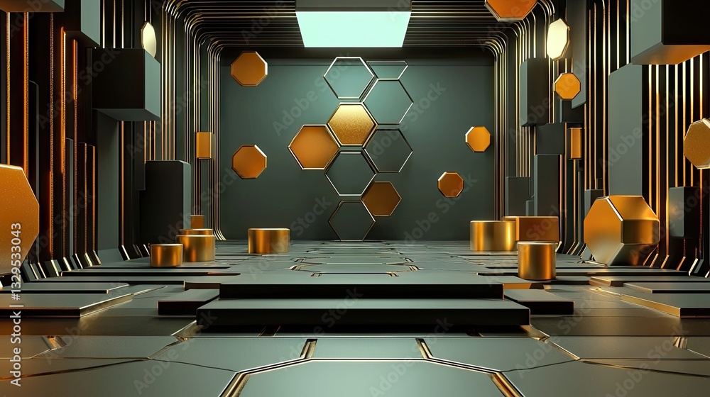 Poster a futuristic 3d abstract geometric background with glowing hexagons and dynamic depth.