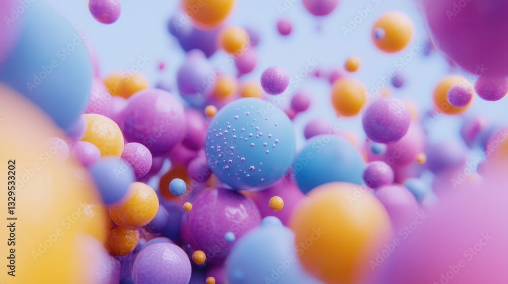 Poster a captivating abstract 3d landscape composed of vibrant fluid spheres in an array of pastel hues cre