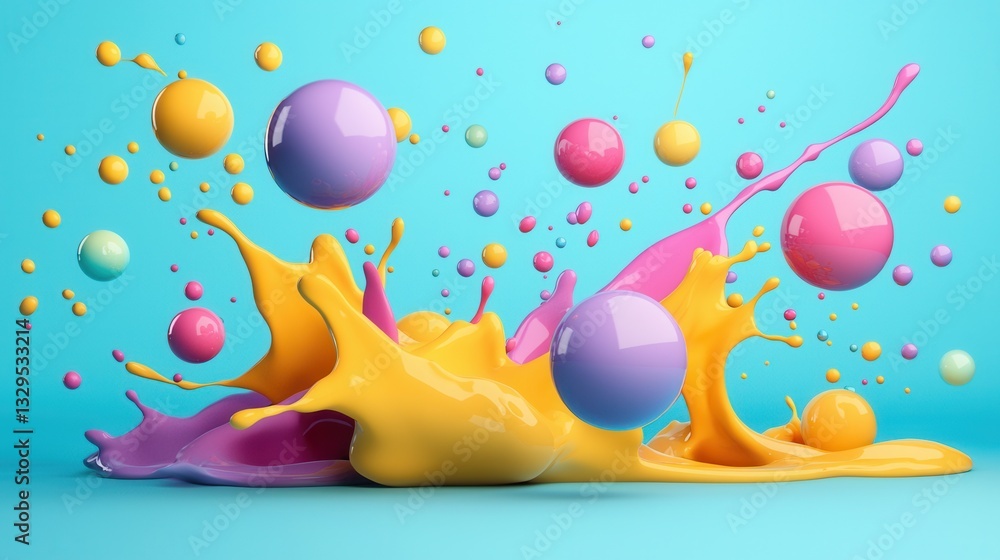 Poster vibrant dynamic abstract composition featuring a colorful splash of motion filled spheres and shapes