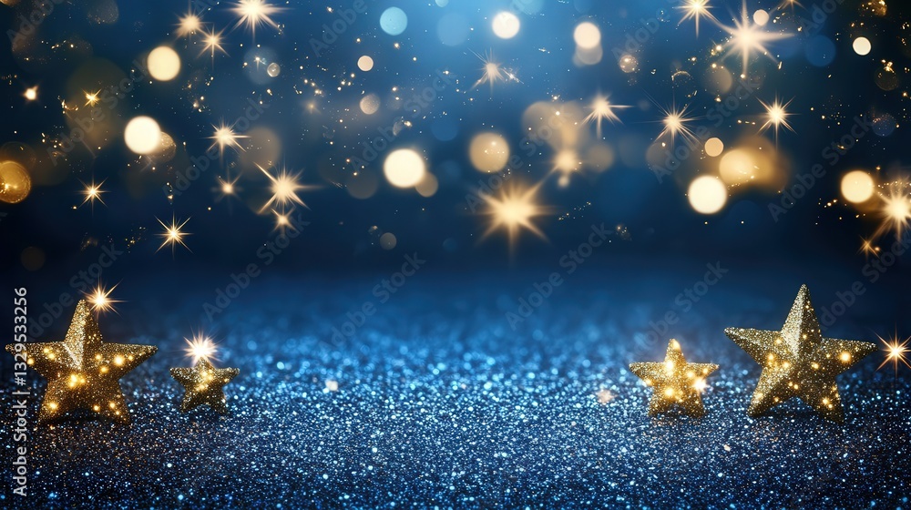 Poster blurred bokeh lights in varying sizes float on a rich dark blue background, surrounded by subtle, tw