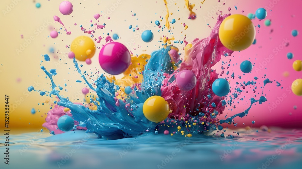 Poster visually striking abstract 3d composition featuring a dynamic explosion of vibrant fluid shapes colo