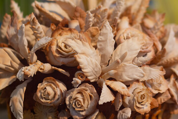 The wedding loaf is decorated with flowers. Lush round bread. Ukrainian traditions.