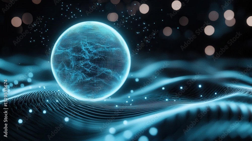 Poster a mesmerizing abstract digital sphere surrounded by a dynamic glowing wireframe structure conveying 