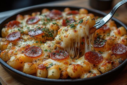 Delicious gnocchi baked with cheese and pepperoni served hot and gooey in a skillet