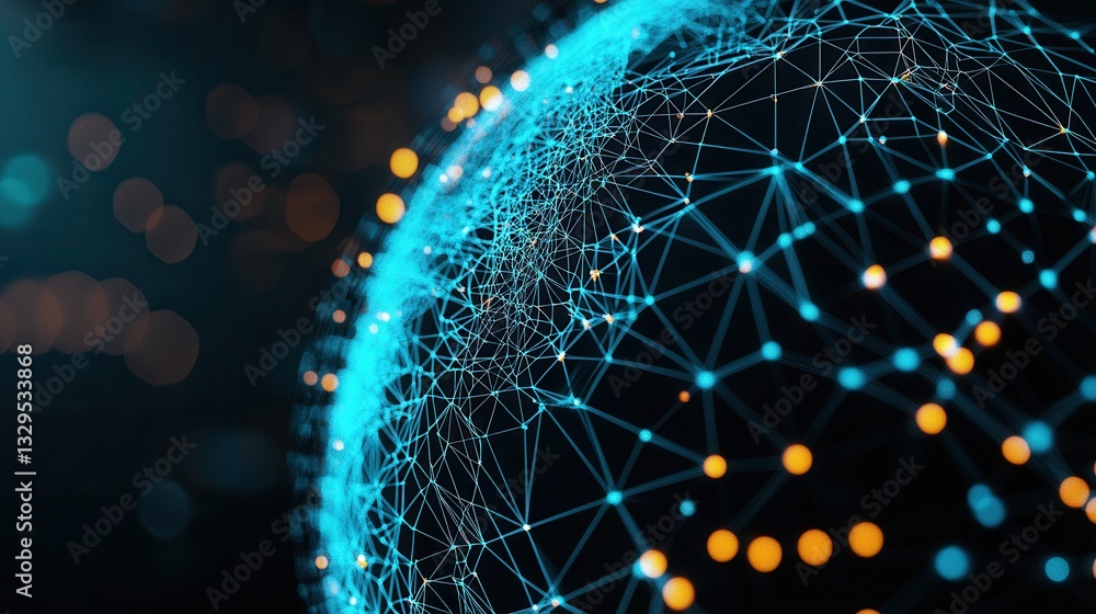 Poster a striking digital visualization of a futuristic interconnected global network represented by a tran