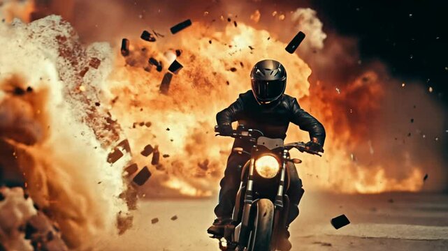 A motorcyclist speeds through a dramatic explosion, showcasing action and adrenaline in a cinematic scene.