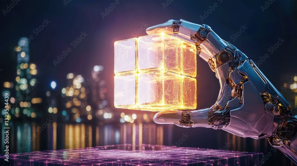 Poster a high-tech robotic hand assembling a glowing cube tower in a sci-fi setting.