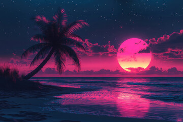 Pink sunset over tropical beach with palm tree, starry night sky, vibrant colors.