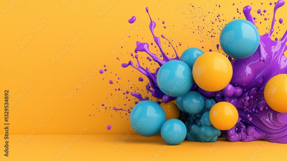 Poster playful and vibrant abstract digital design featuring a dynamic composition of colorful party balls 