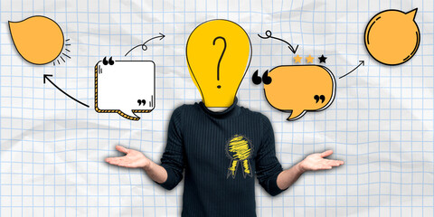 A person with a lightbulb head, questioning and seeking feedback.