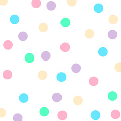 A playful pattern of pastel-colored dots in pink, green, blue, and purple on a white background.