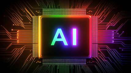 vibrant close up of microchip with letters AI illuminated, showcasing technology future