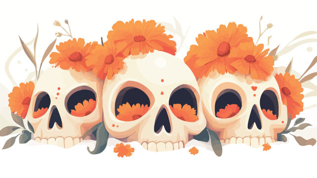 A digital illustration depicting four stylized skulls adorned with vibrant orange marigold flower crowns. The skulls are rendered in a painterly style with soft shading and subtle textural details.