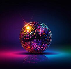 Obraz premium vibrant disco ball reflecting colorful lights in dark setting, creating lively atmosphere. shiny surface showcases spectrum of colors, enhancing festive mood