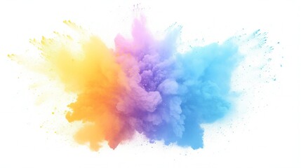 Fototapeta premium Colorful Rainbow Holi Paint Powder Explosion with Bright Colors on White Background. Wide Panorama View for Festive and Creative Applications.
