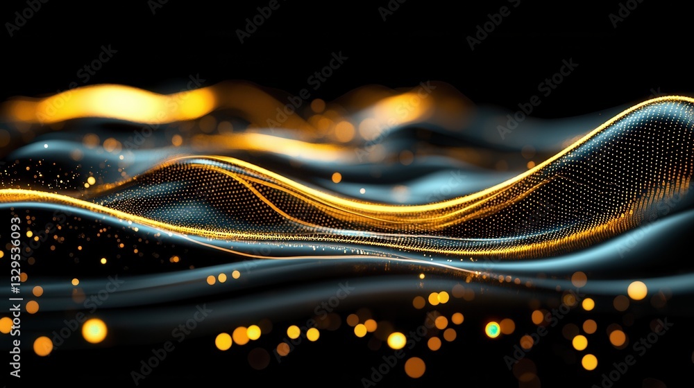 Poster vibrant and mesmerizing abstract composition of undulating golden neon waves creating a dynamic and 
